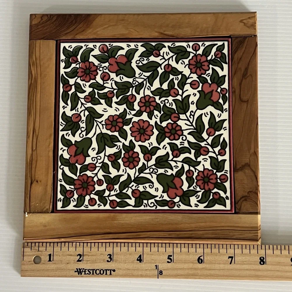 Vintage Tile Trivet Ceramic Floral Olive Wood Frame 8